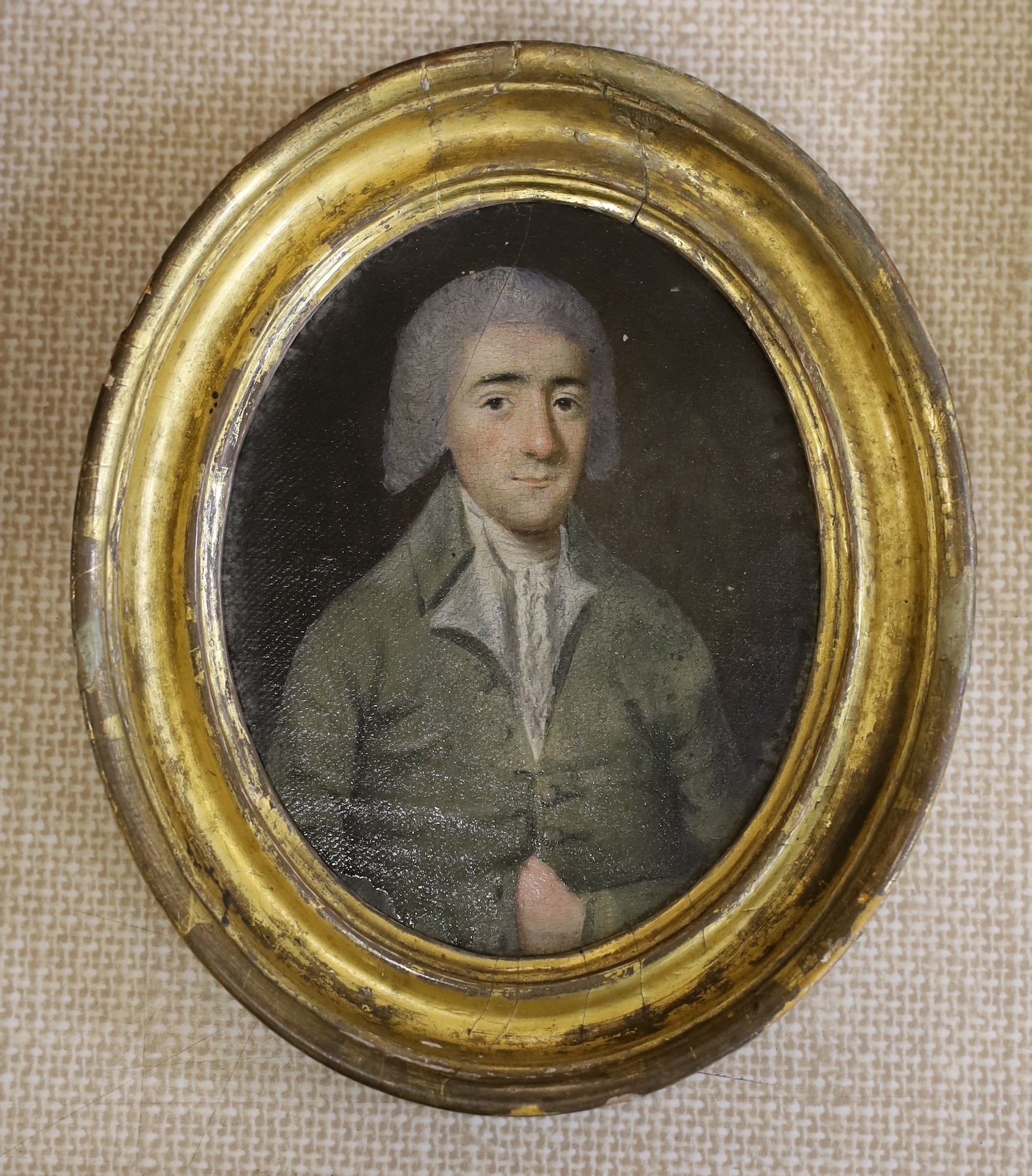 English School, late 18th century, oval oil on board, Portrait of John Parsons, 14 x 11cm